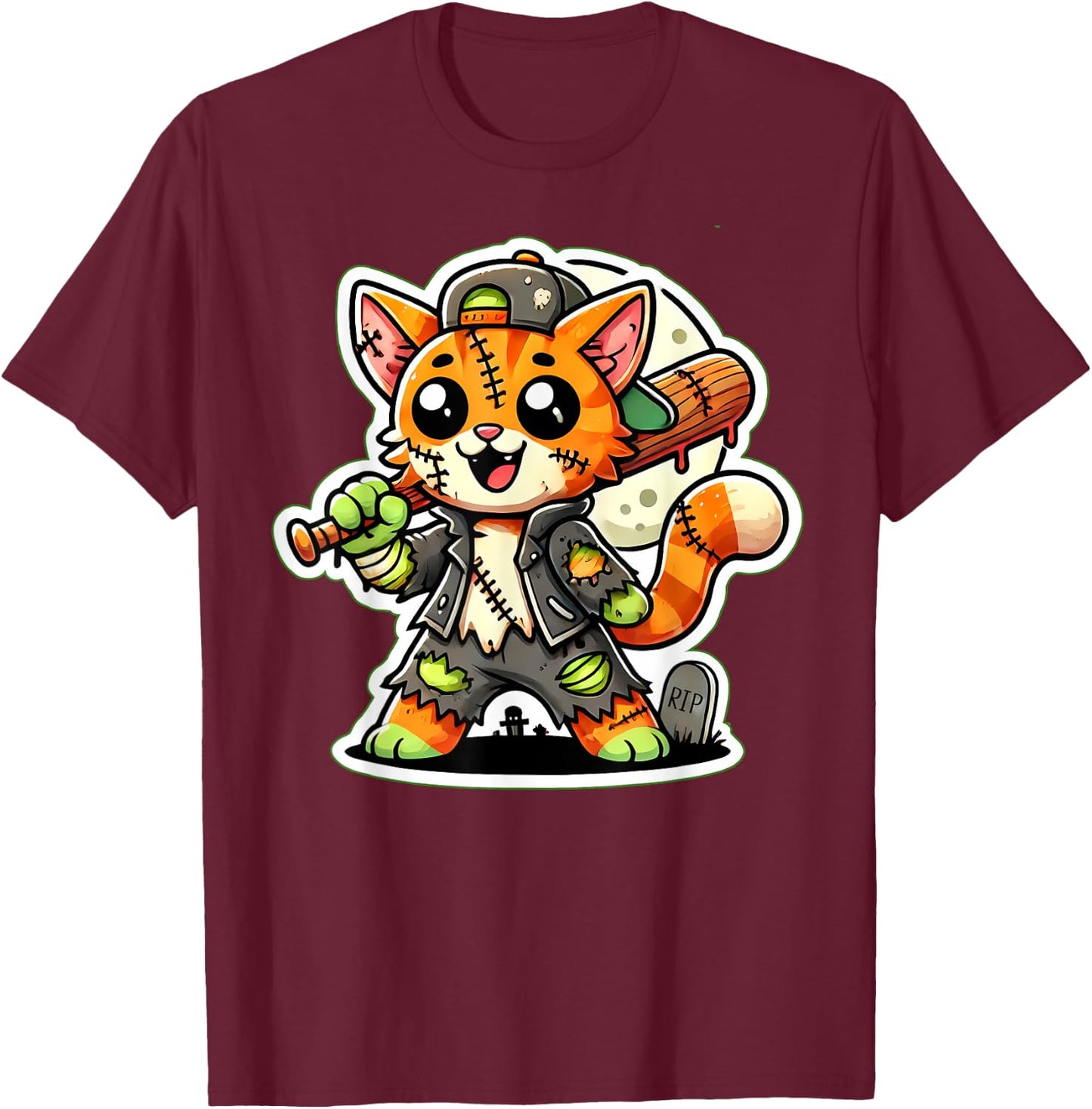 Cute Orange Cat Zombie Baseball Boy Halloween Party Kids T-Shirt - T-Shirt | Maroon