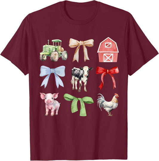 Cute Farm Animals Cow Pig Chicken Coquette Farmer Country T-Shirt - T-Shirt | Maroon