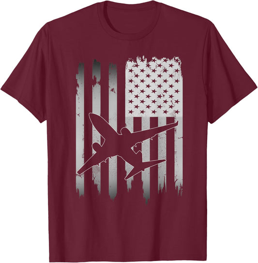 Airplane USA American Flag 4th of July Patriotic Plane Gift T-Shirt - T-Shirt | Maroon