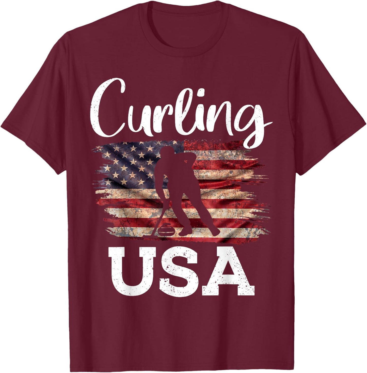 Curling USA Curler Winter Sports American Flag T-Shirt - T-Shirt | Maroon