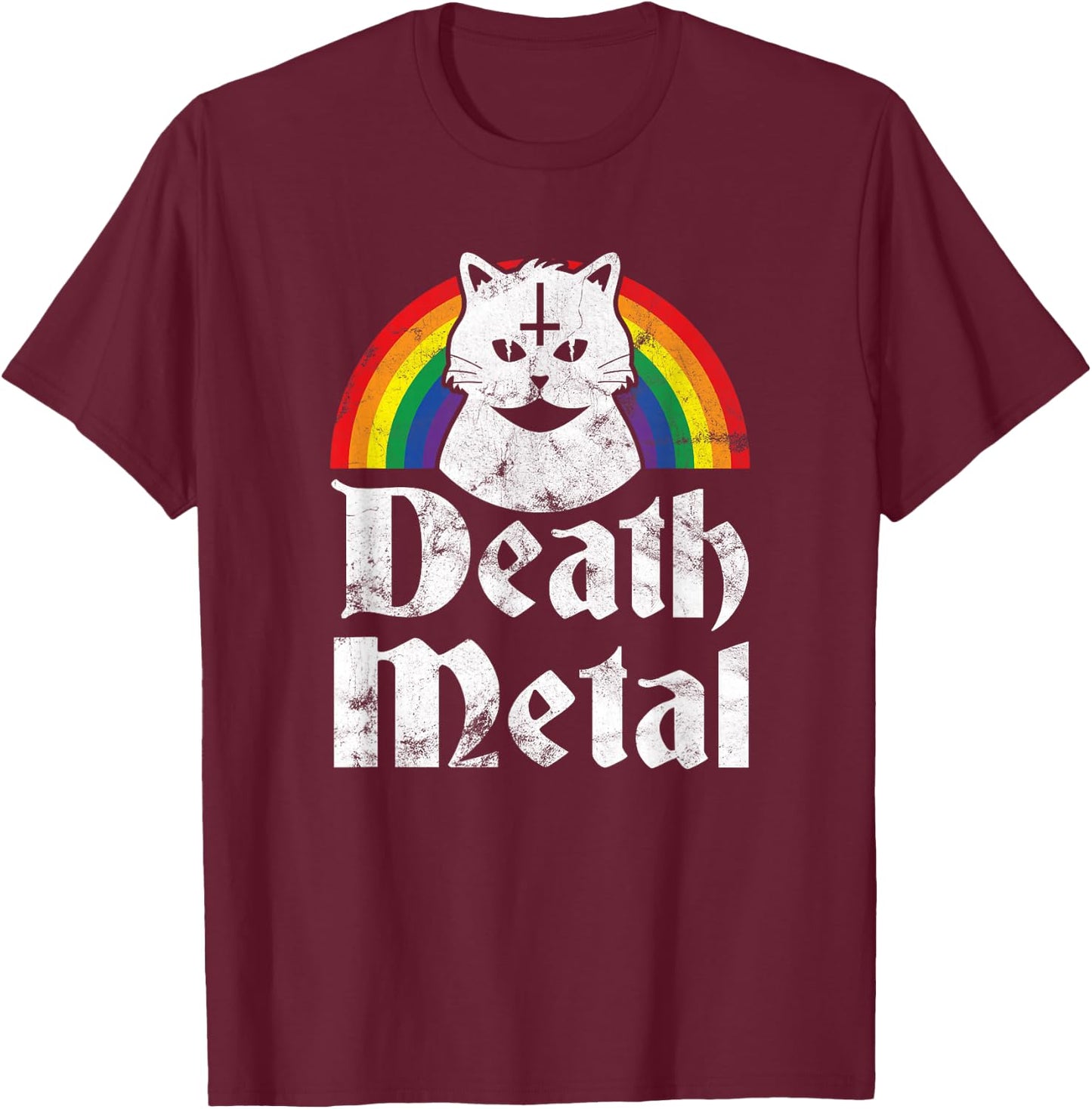 Death Metal Satanic Cat Rainbow Rock Goth Concert T-Shirt - T-Shirt | Maroon
