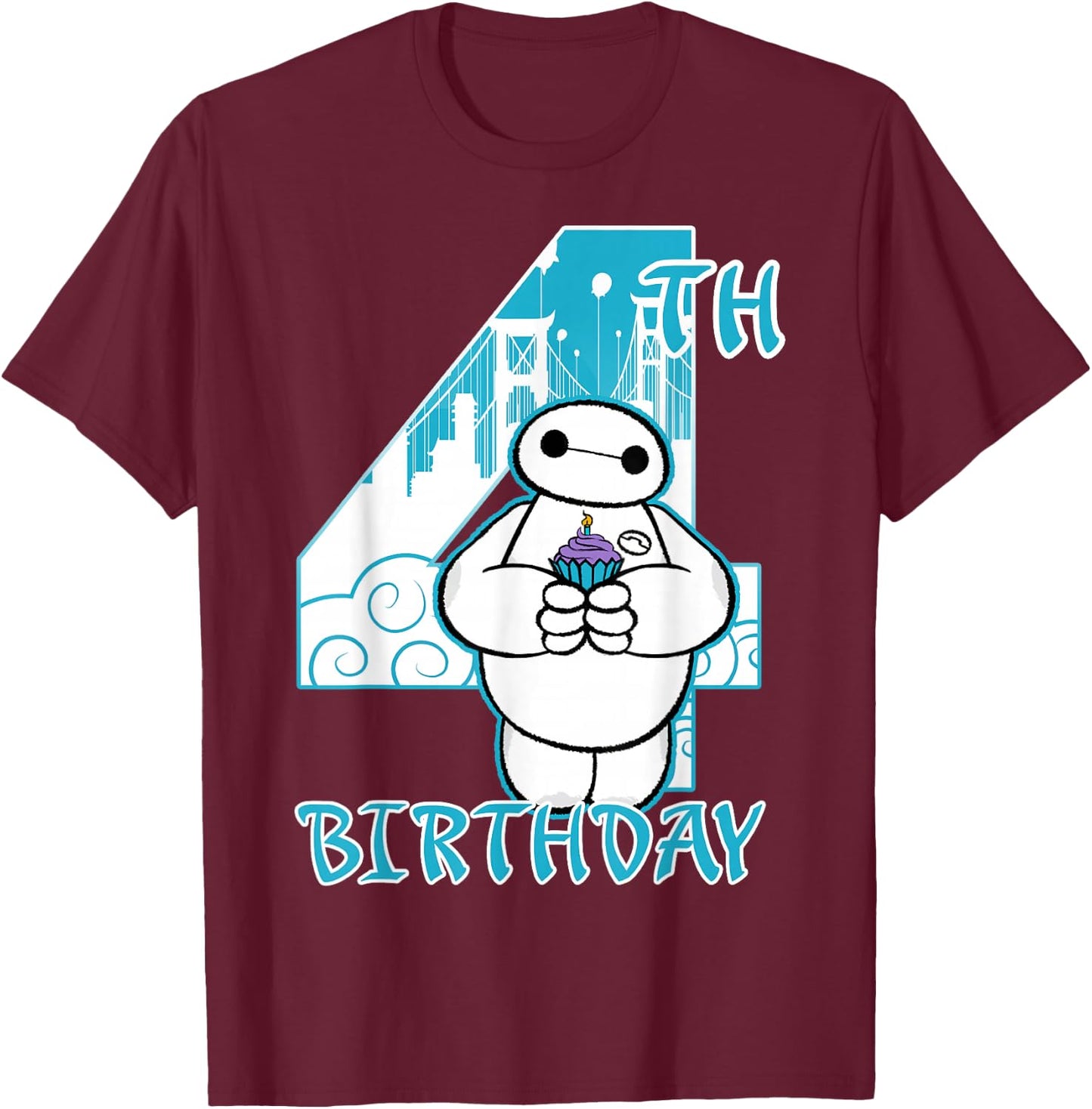 Disney Big Hero 6 Baymax 4th Birthday Cupcake Portrait T-Shirt - T-Shirt | Maroon