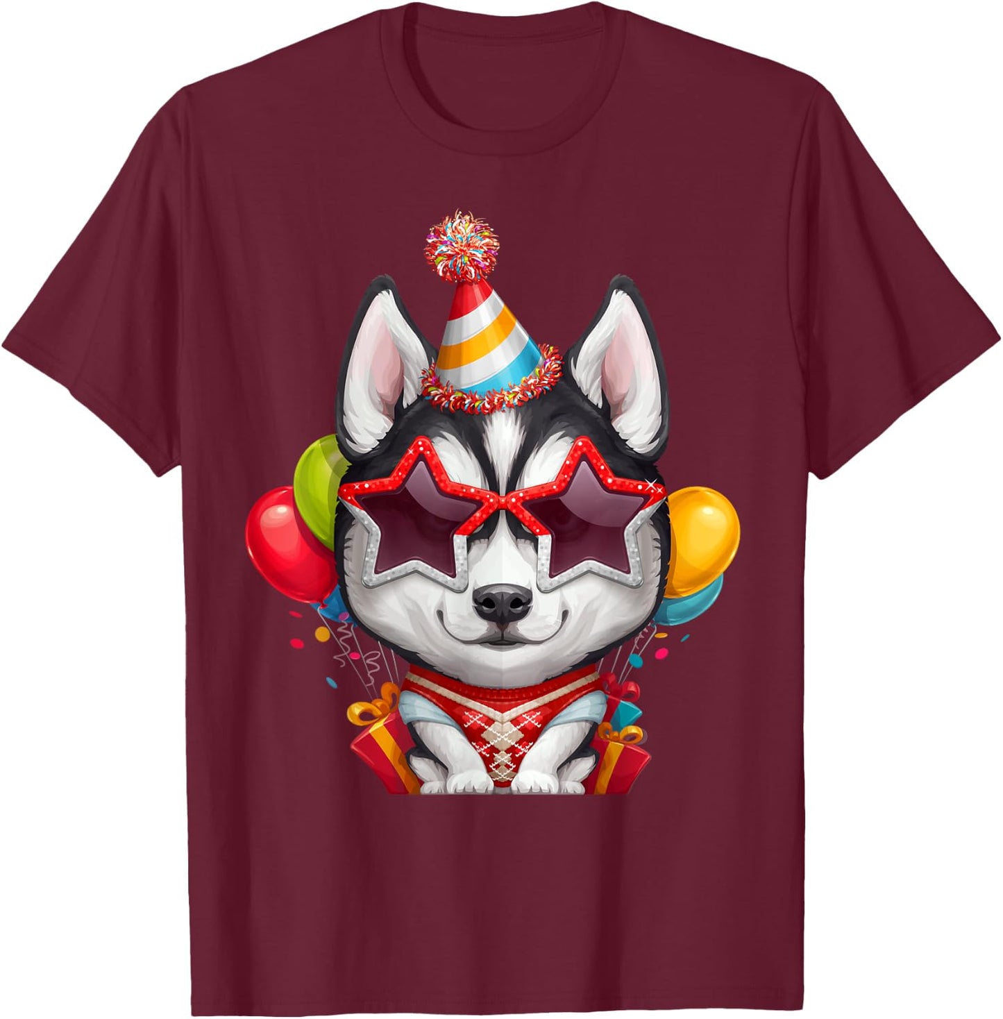 Siberian Husky in Glasses Birthday T-Shirt - T-Shirt | Maroon