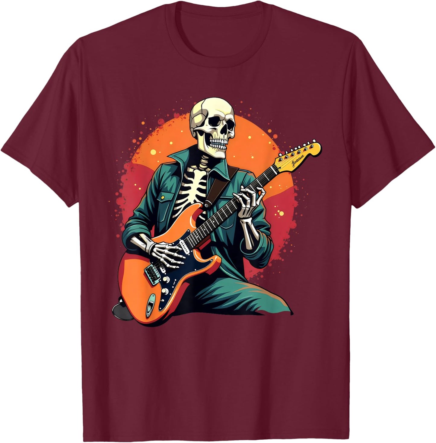 Skeleton Playing Bass Guitar Electric Acoustic Halloween T-Shirt - T-Shirt | Maroon