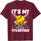It's My 11th Birthday Softball Drip 11 Year Old Girl Party T-Shirt - T-Shirt | Maroon