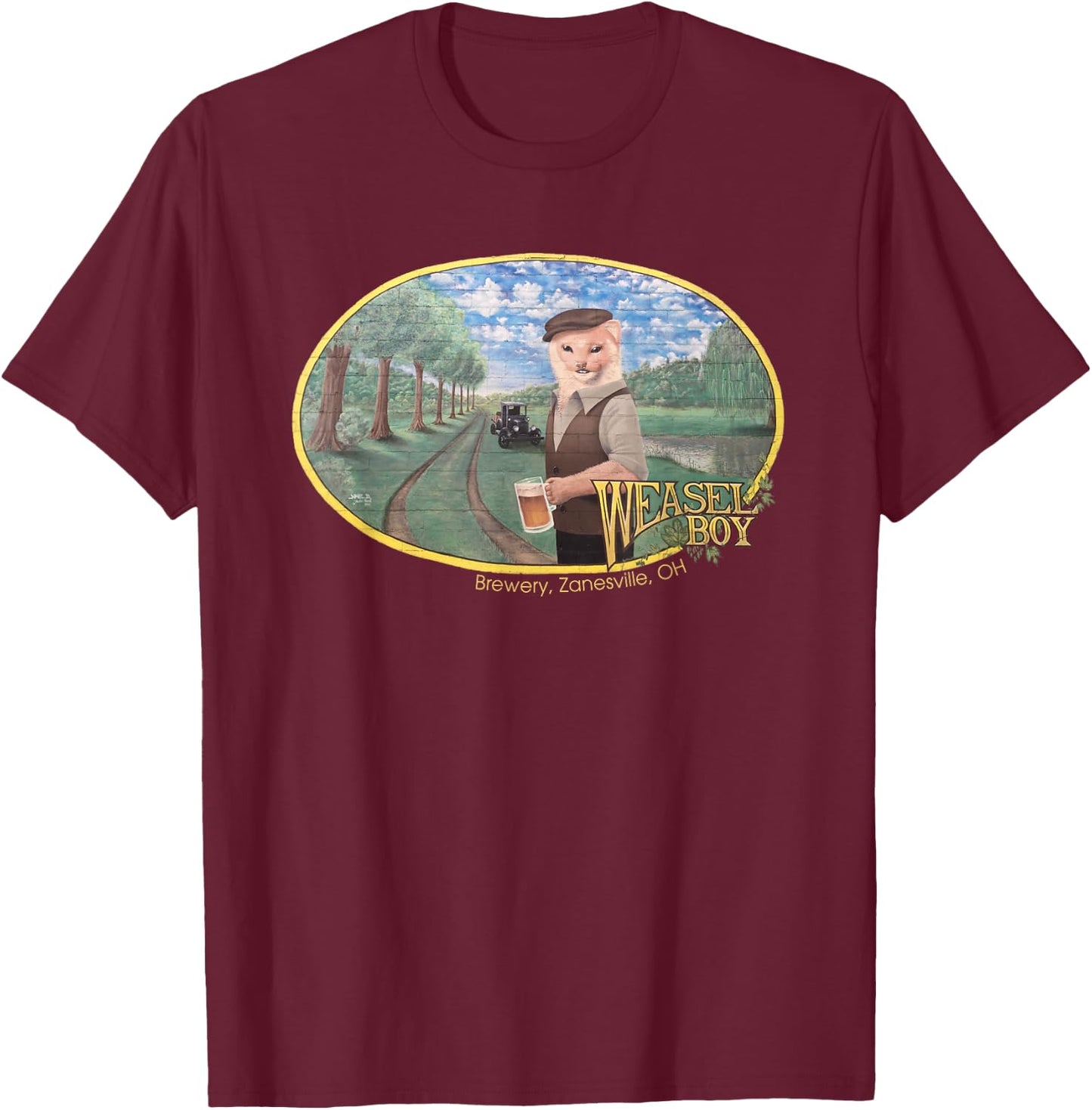 Weasel Boy Brewing Company Mural Art Relaxed Fit T-Shirt - T-Shirt | Maroon