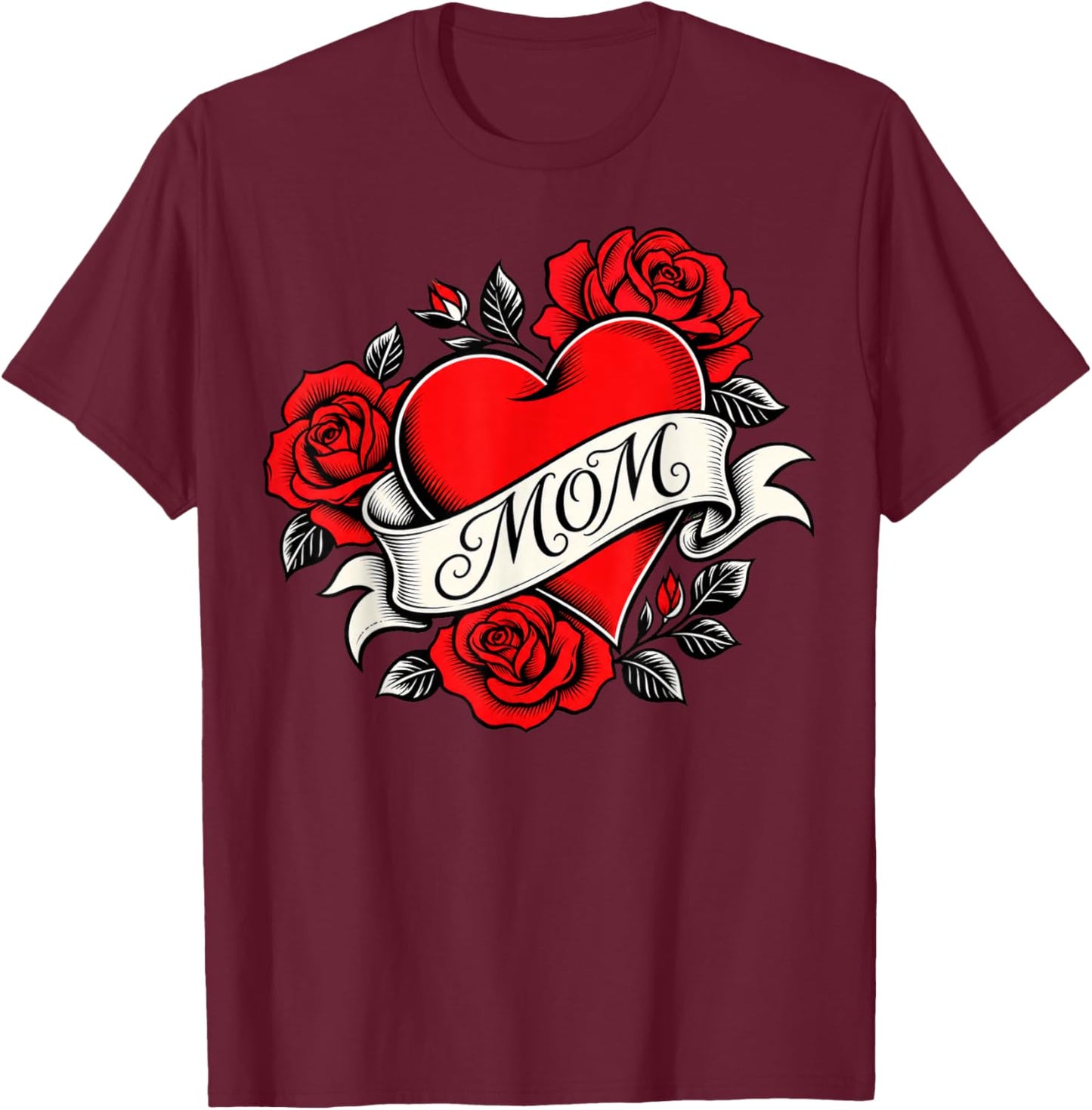 Bold Heart Tattoo with Roses and MOM Banner T-Shirt - T-Shirt | Maroon