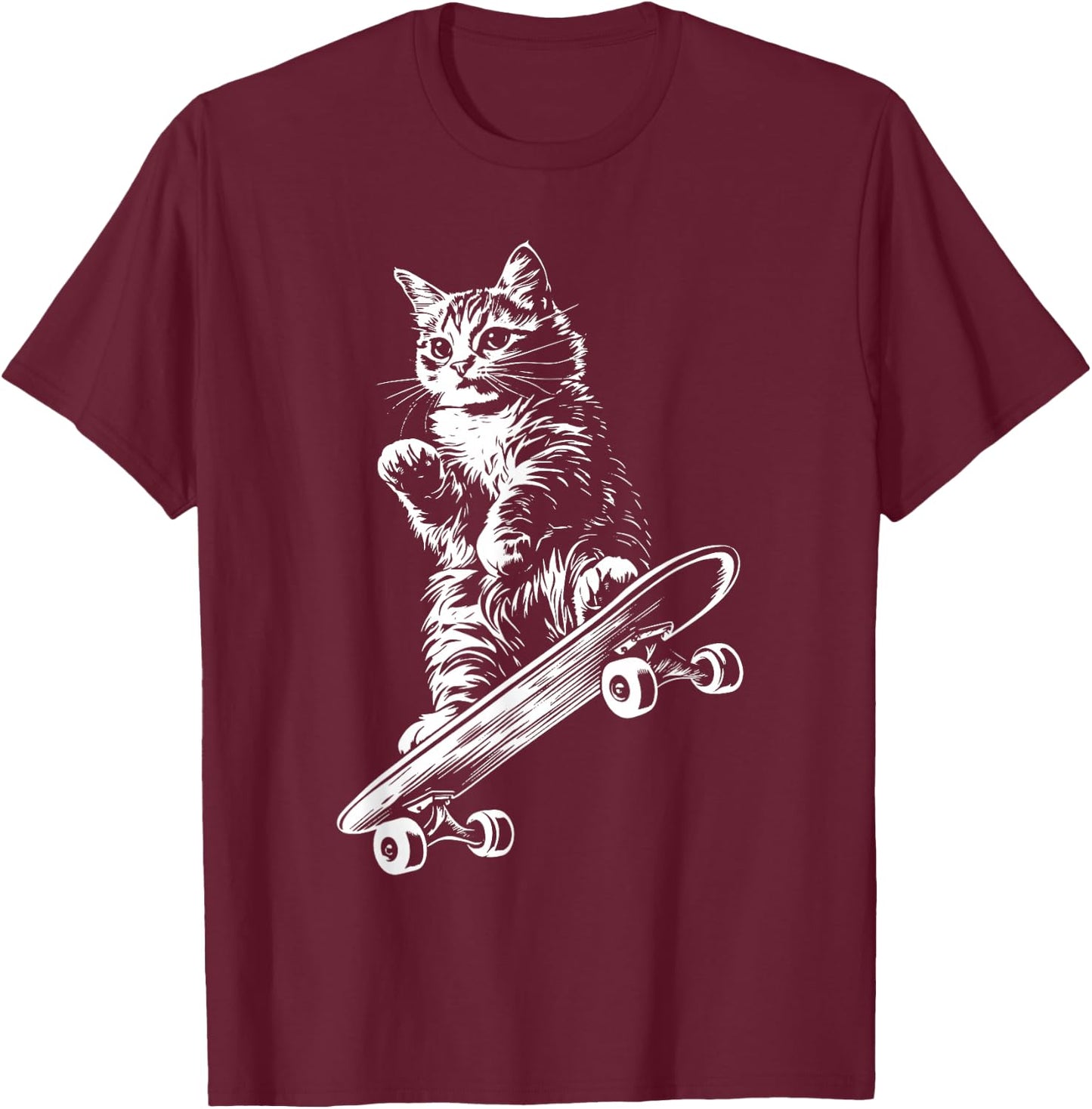 Funny Cat Skateboard Skater Graphic T-Shirt - T-Shirt | Maroon