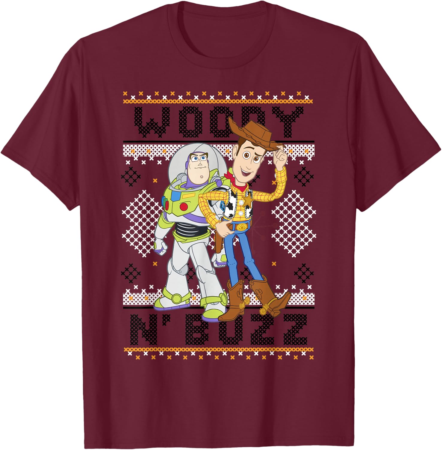 Disney Pixar Toy Story Christmas Ugly Sweater Buzz & Woody T-Shirt - T-Shirt | Maroon