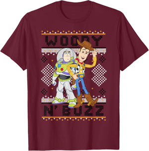 Disney Pixar Toy Story Christmas Ugly Sweater Buzz & Woody T-Shirt - T-Shirt | Maroon