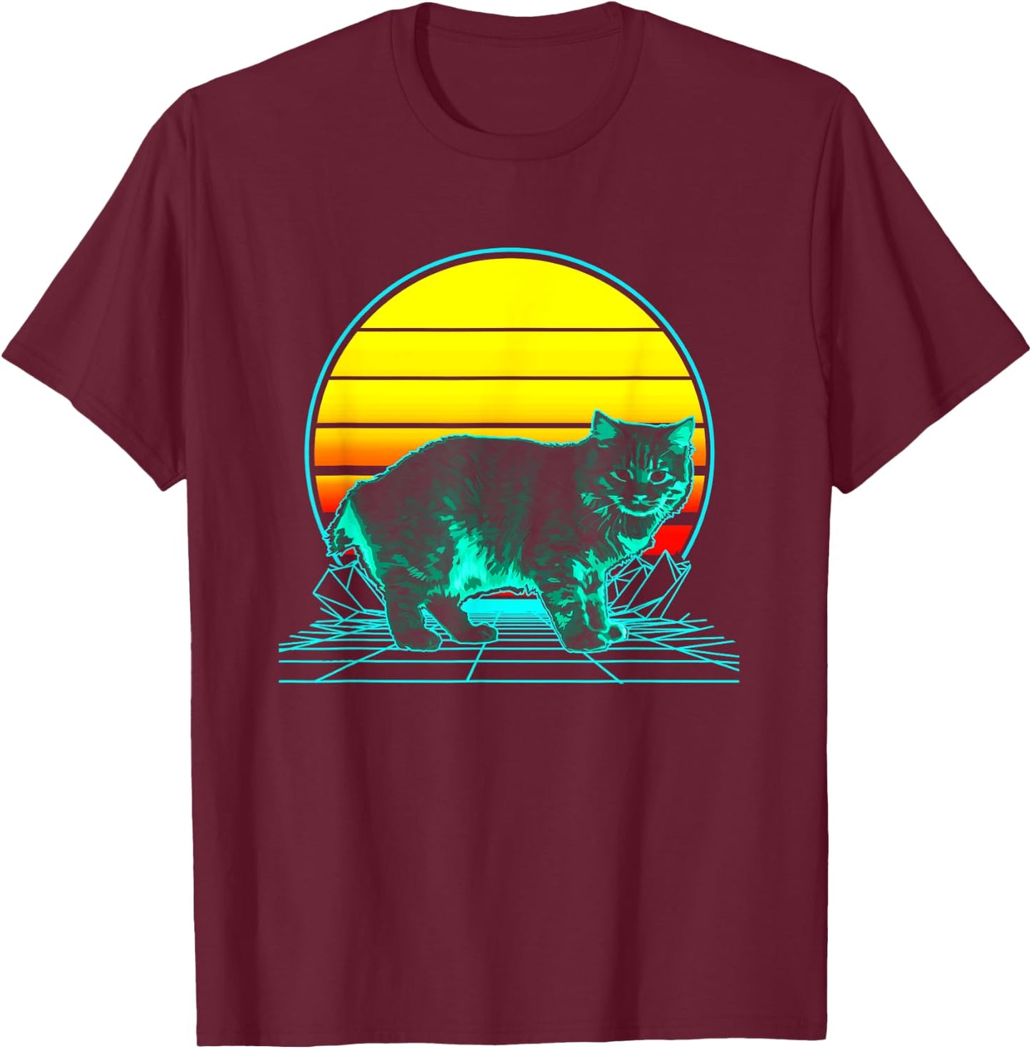 Retro Manx Cat Vaporwave T-Shirt - T-Shirt | Maroon