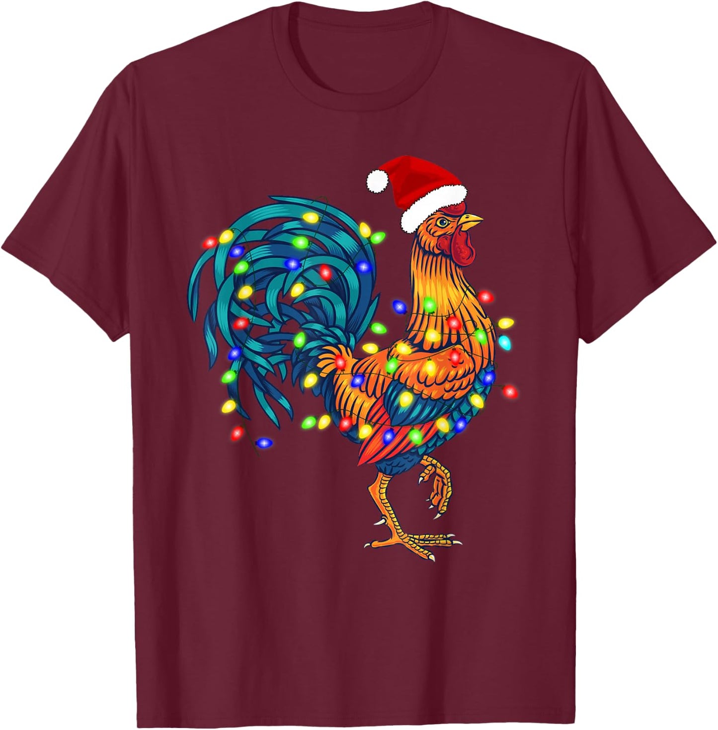 Funny Rooster Chicken Santa Christmas Lights Farmer Pajamas T-Shirt - T-Shirt | Maroon