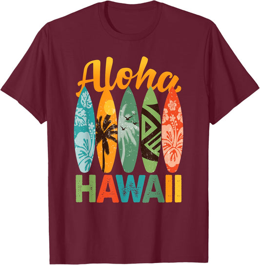 Retro Hawaiian Surfboard Aloha Hawaii Island Surfer T-Shirt - T-Shirt | Maroon