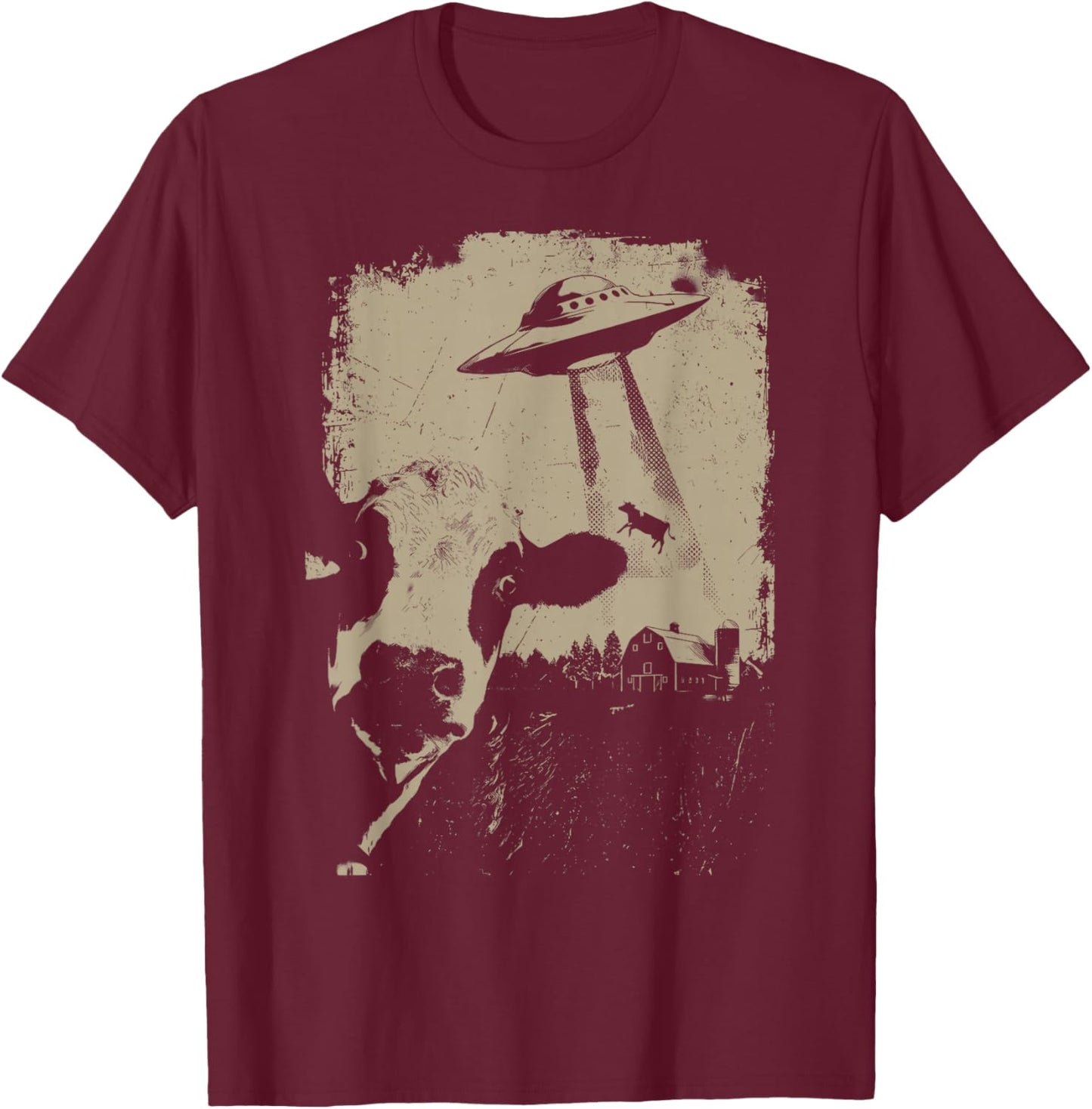 Vintage 90s Cow UFO Abduction Farmer Cow Alien Spaceship T-Shirt - T-Shirt | Maroon