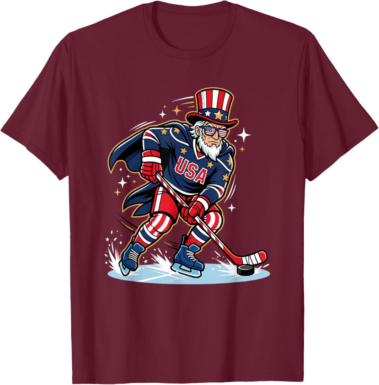 Patriotic Uncle Sam Ice Hockey Player 4th of July Men T-Shirt - T-Shirt | Maroon