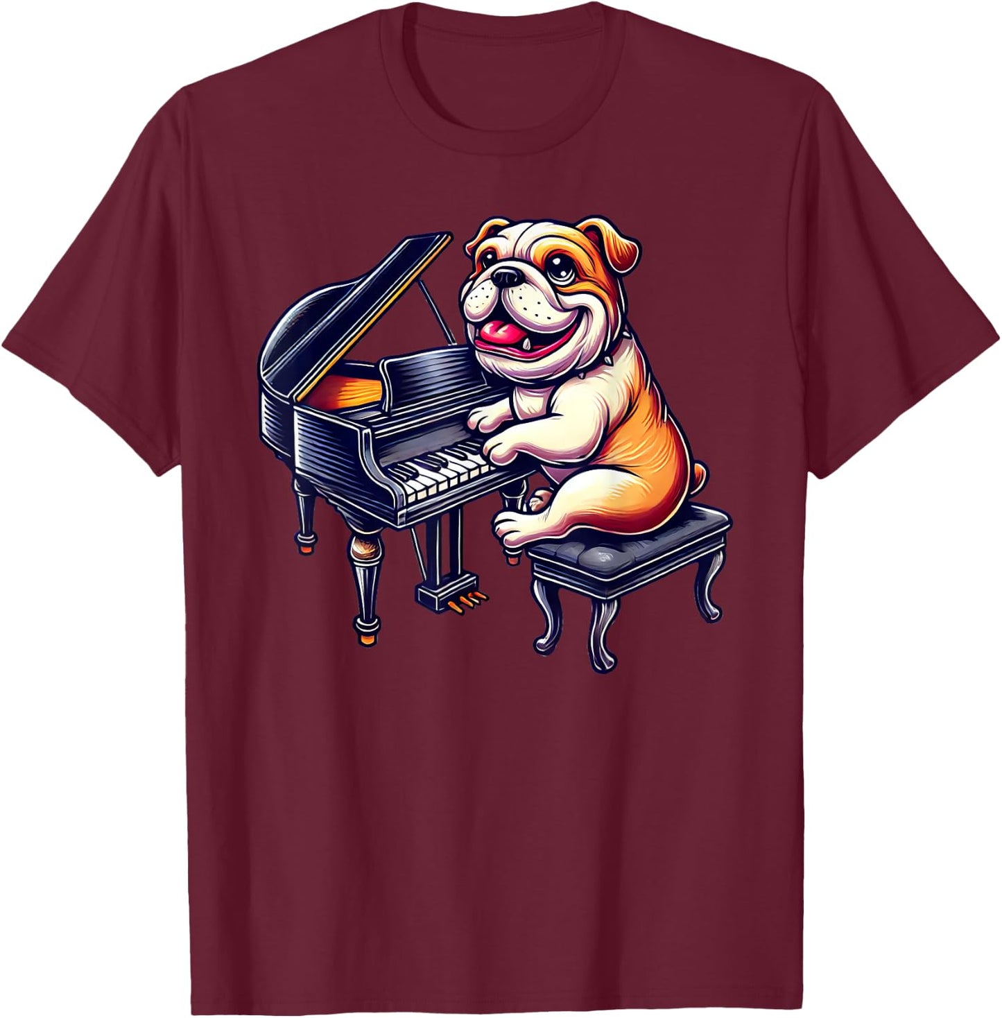 Cute English Bulldog Dog Playing Piano Musician Music T-Shirt - T-Shirt | Maroon