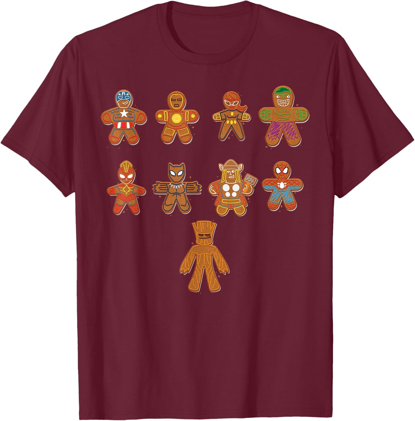 Marvel Avengers Gingerbread Cookie Line Up T-Shirt - T-Shirt | Maroon