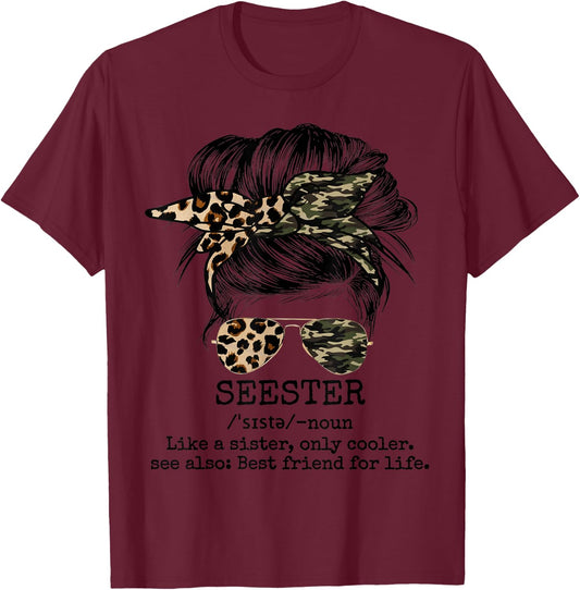 Seester Definition Messy Bun Camo Cheetah T-Shirt - T-Shirt | Maroon