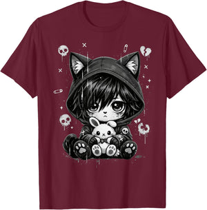 Goth Cat Goth Girl Cute E-Girl Gothic Grunge Outfit T-Shirt - T-Shirt | Maroon