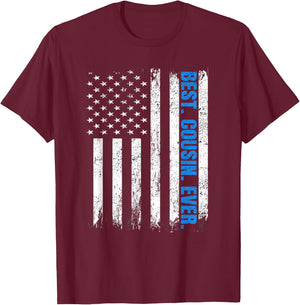 Best Cousin Ever USA Flag Fathers Day Police Blue Line Kids Men T-Shirt - T-Shirt | Maroon