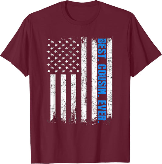 Best Cousin Ever USA Flag Fathers Day Police Blue Line Kids Men T-Shirt - T-Shirt | Maroon
