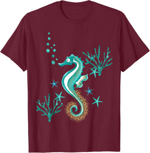 Turquoise Seahorse Ocean Design T-Shirt - T-Shirt | Maroon