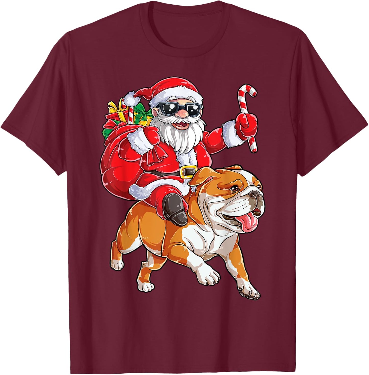 Christmas Santa Claus Riding English Bulldog Xmas Boys Dog T-Shirt - T-Shirt | Maroon