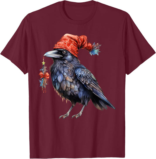 Christmas Raven Santa Hat Animal Raven Crow Bird Lover T-Shirt - T-Shirt | Maroon