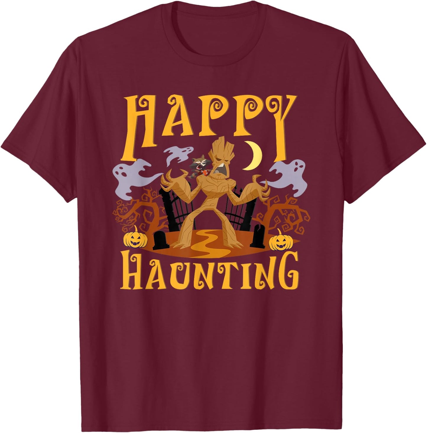 Marvel Groot and Rocket Raccoon Happy Haunting Halloween T-Shirt - T-Shirt | Maroon