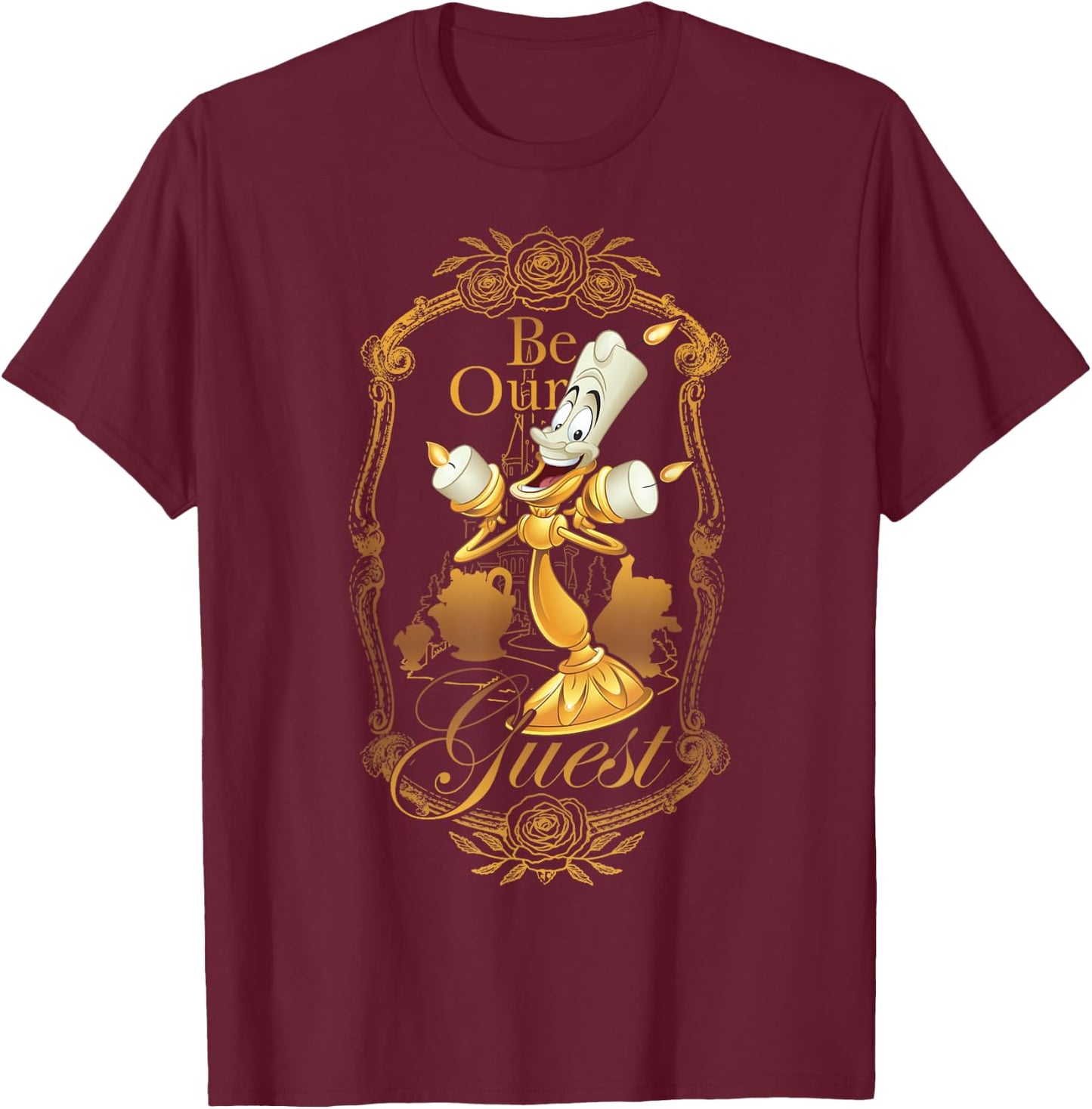 Disney Beauty and the Beast Be Our Guest Lumiere Poster T-Shirt - T-Shirt | Maroon