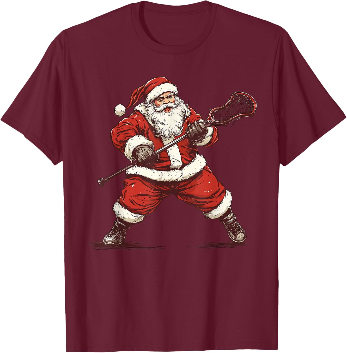 Santa Playing Lacrosse Funny Lacrosse Lax Player Christmas T-Shirt - T-Shirt | Maroon