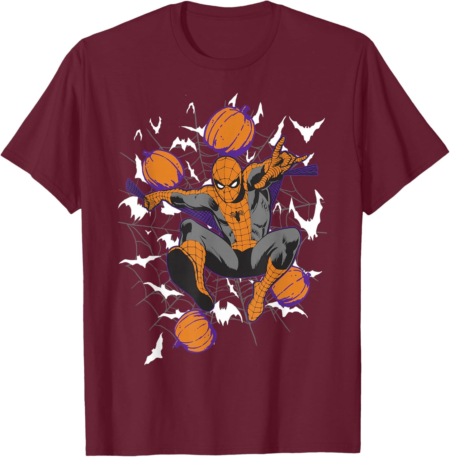 Marvel Spider-Man Web & Pumpkins Halloween T-Shirt - T-Shirt | Maroon