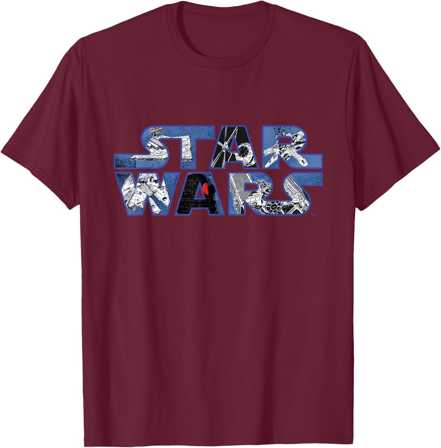 Star Wars Logo Millennium Falcon and Death Star T-Shirt - T-Shirt | Maroon