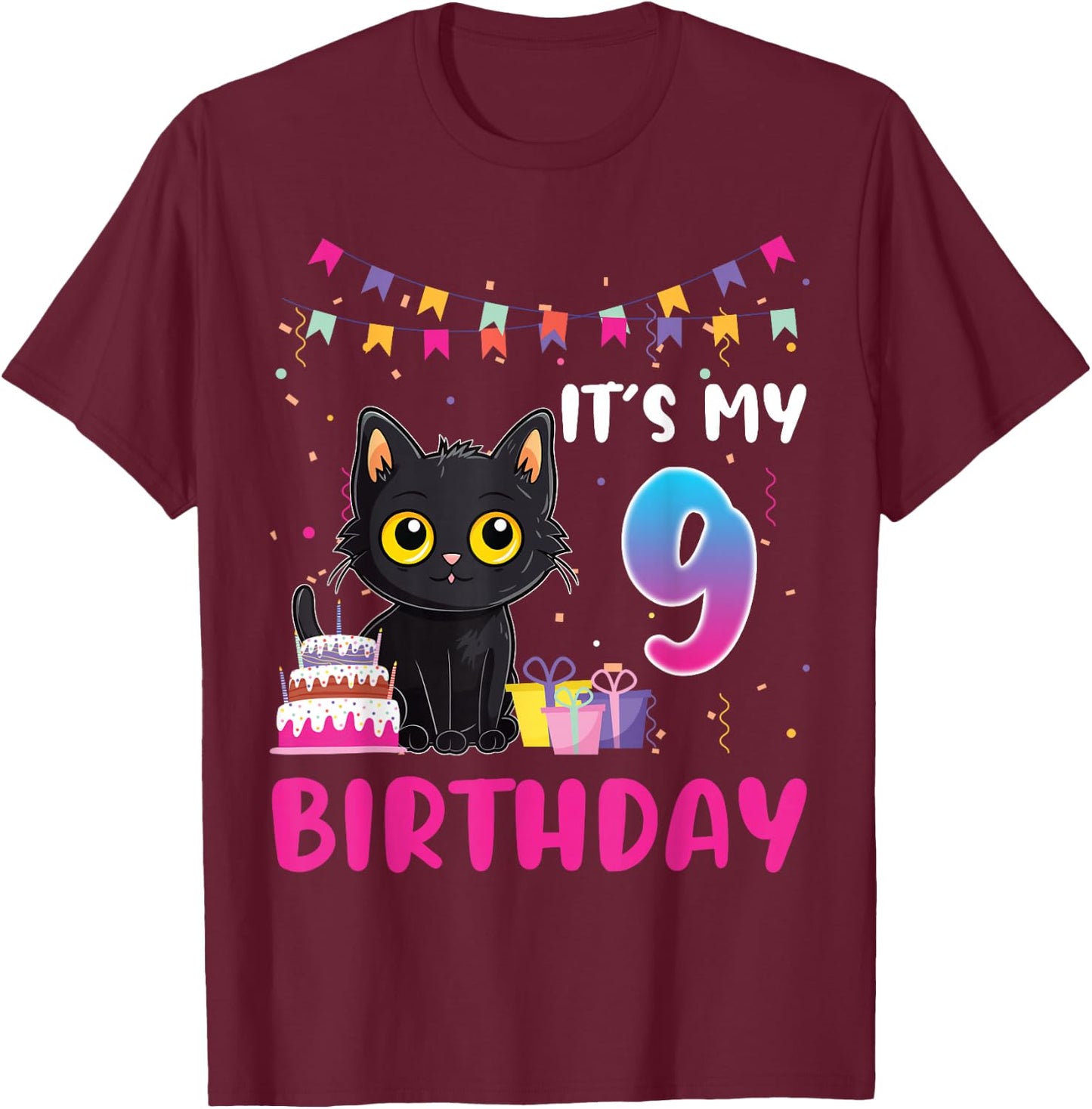 It's My 9th Birthday Cat 9 Years Old Birthday Party T-Shirt - T-Shirt | Maroon