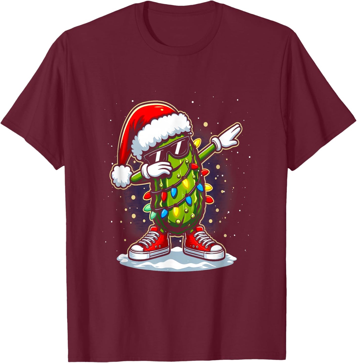 Merry Christmas Pickle Cucumber Dabbing Santa Hat Lights T-Shirt - T-Shirt | Maroon