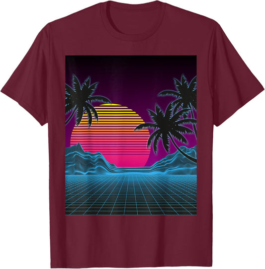 Vaporwave Aesthetic Sunset Mountains Palms Retro T-Shirt - T-Shirt | Maroon