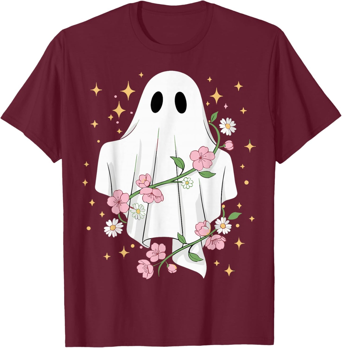 Cute Ghost with Flowers Halloween T-Shirt - T-Shirt | Maroon