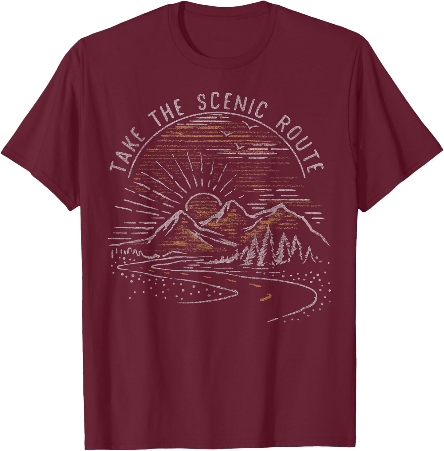 Take The Scenic Route Mountain Sunrise Sketch T-Shirt - T-Shirt | Maroon