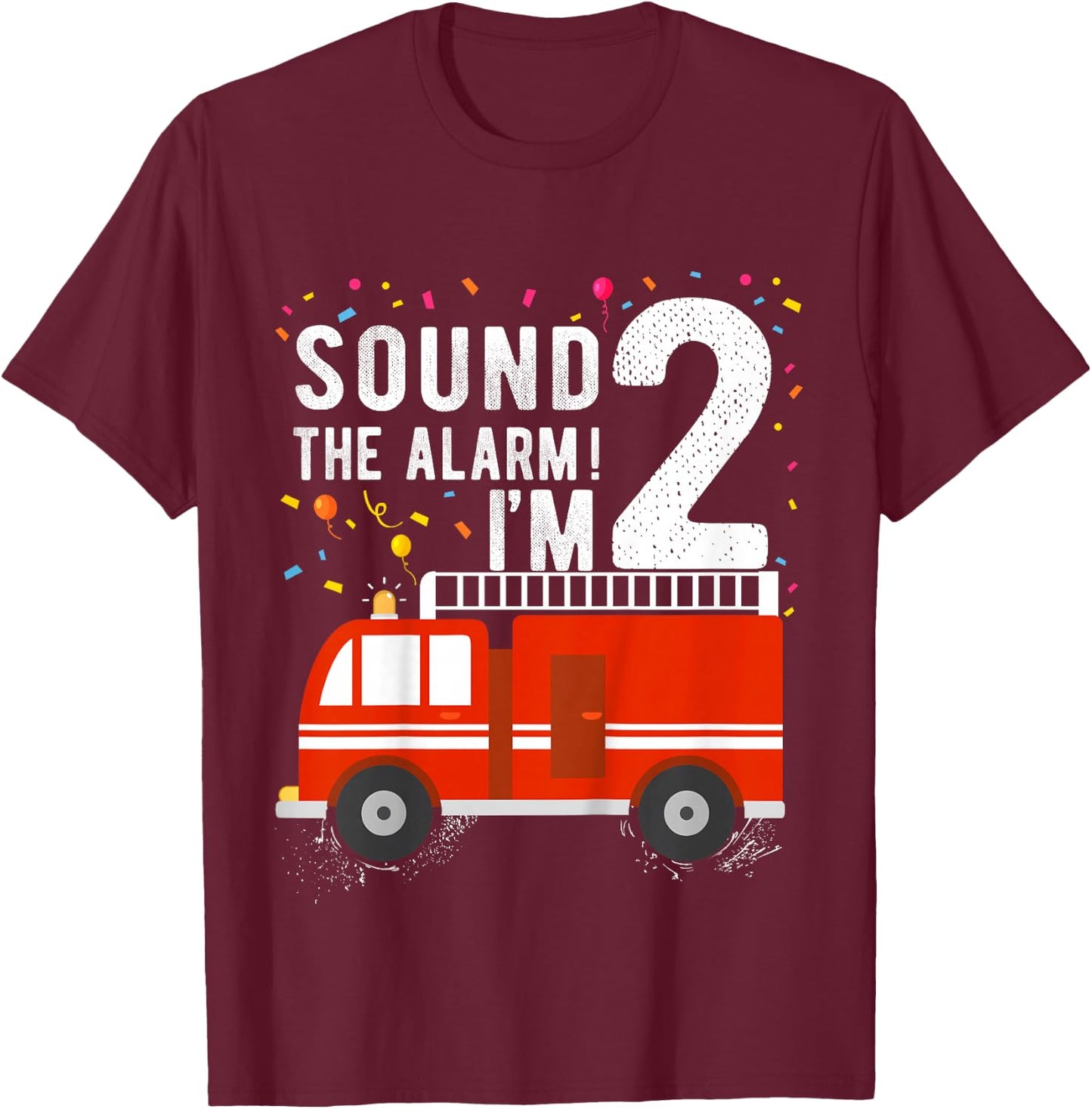 Fire Truck 2nd Birthday Boy 2 Year Old Firefighter T-Shirt - T-Shirt | Maroon