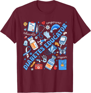 Diabetes Educator Support Diabetes Awareness Blue Ribbon T1D T-Shirt - T-Shirt | Maroon