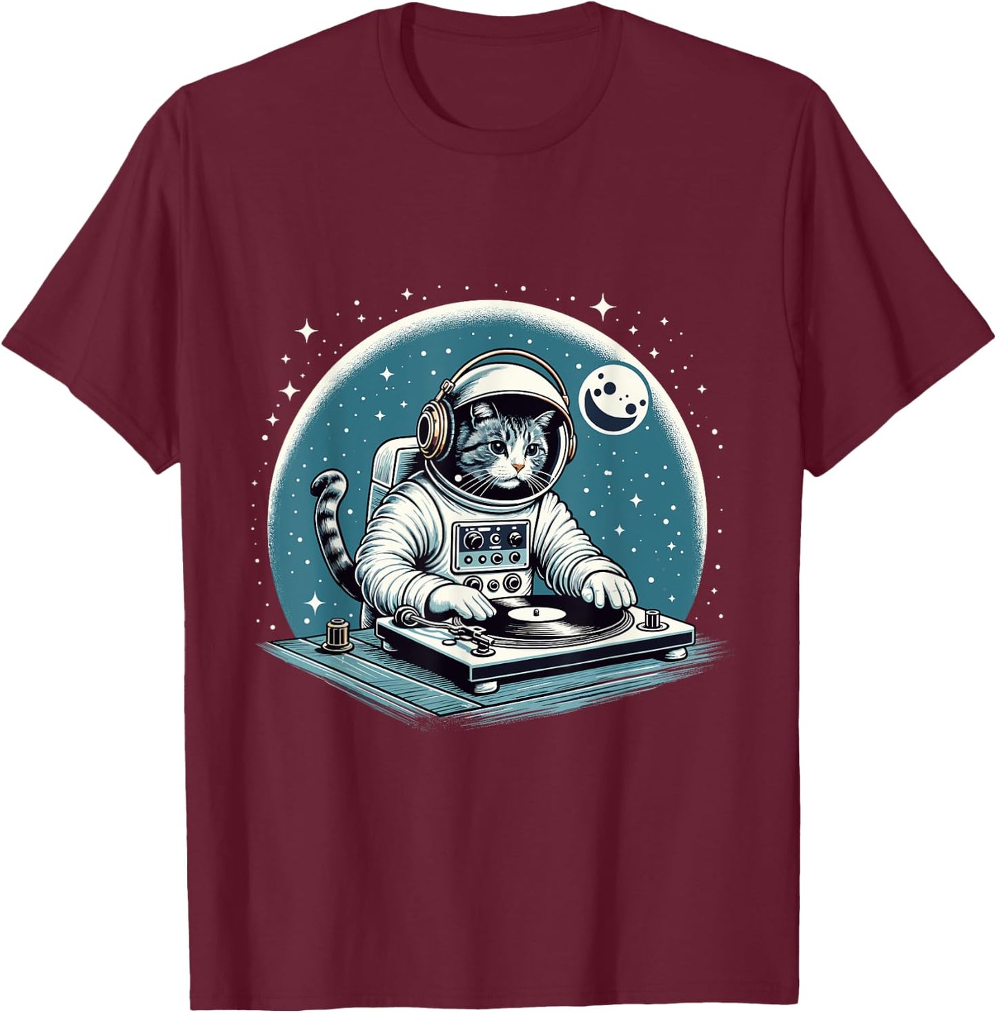 DJ Space Cat Shirt Disc Jockey Cat in Astronaut Suit Costume Men Women Kids T-Shirt - T-Shirt | Maroon