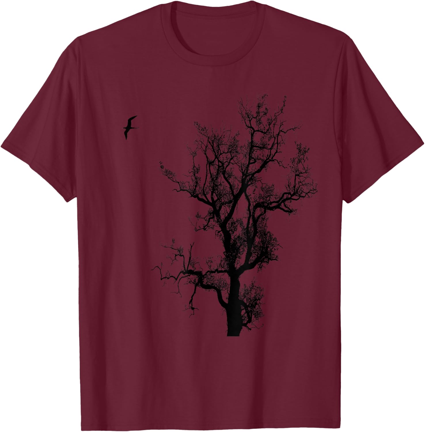 Tree and Bird Nature Black Graphic T-Shirt - T-Shirt | Maroon