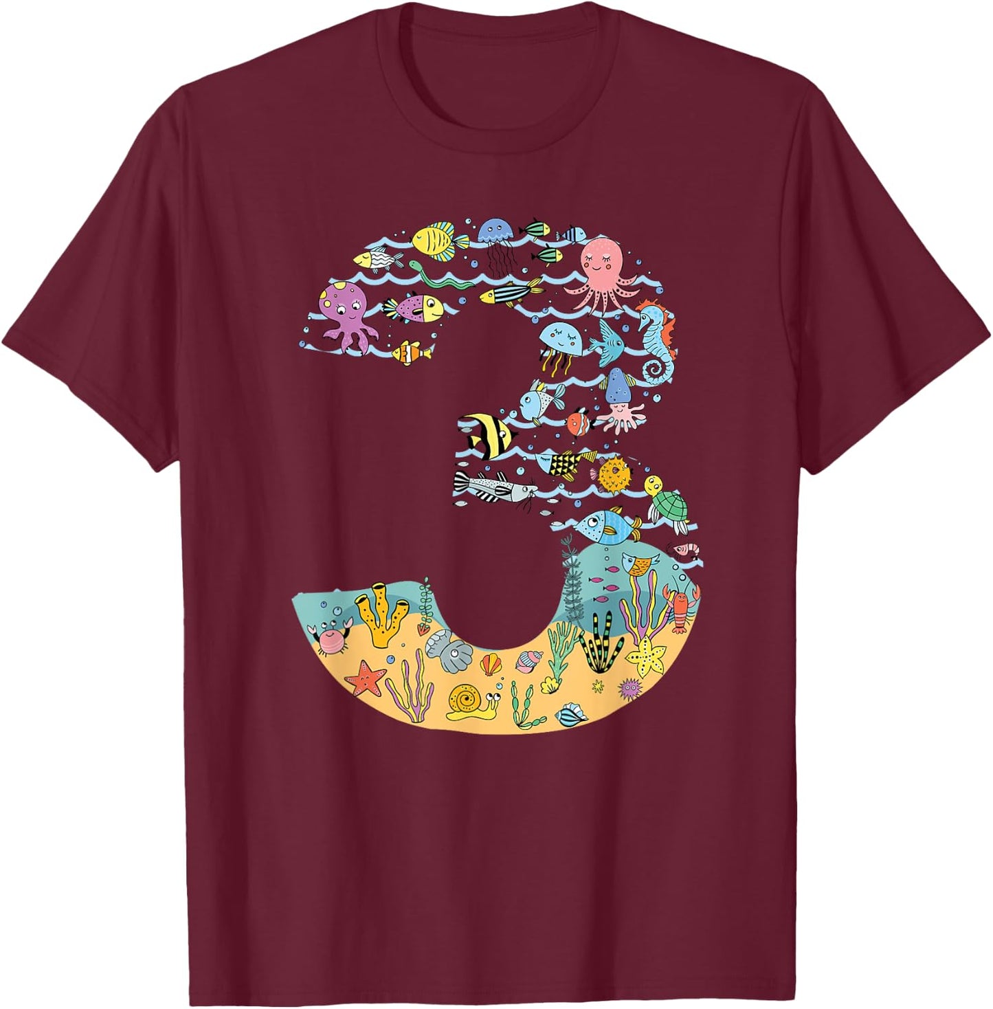 Under The Sea Fish Starfish Third Birthday number 3 T-Shirt - T-Shirt | Maroon