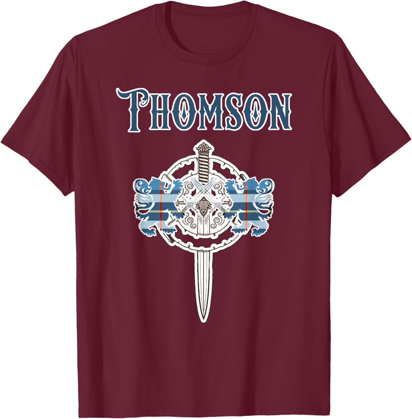 Thomson Scottish Clan Family Name Tartan Lion Sword T-Shirt - T-Shirt | Maroon