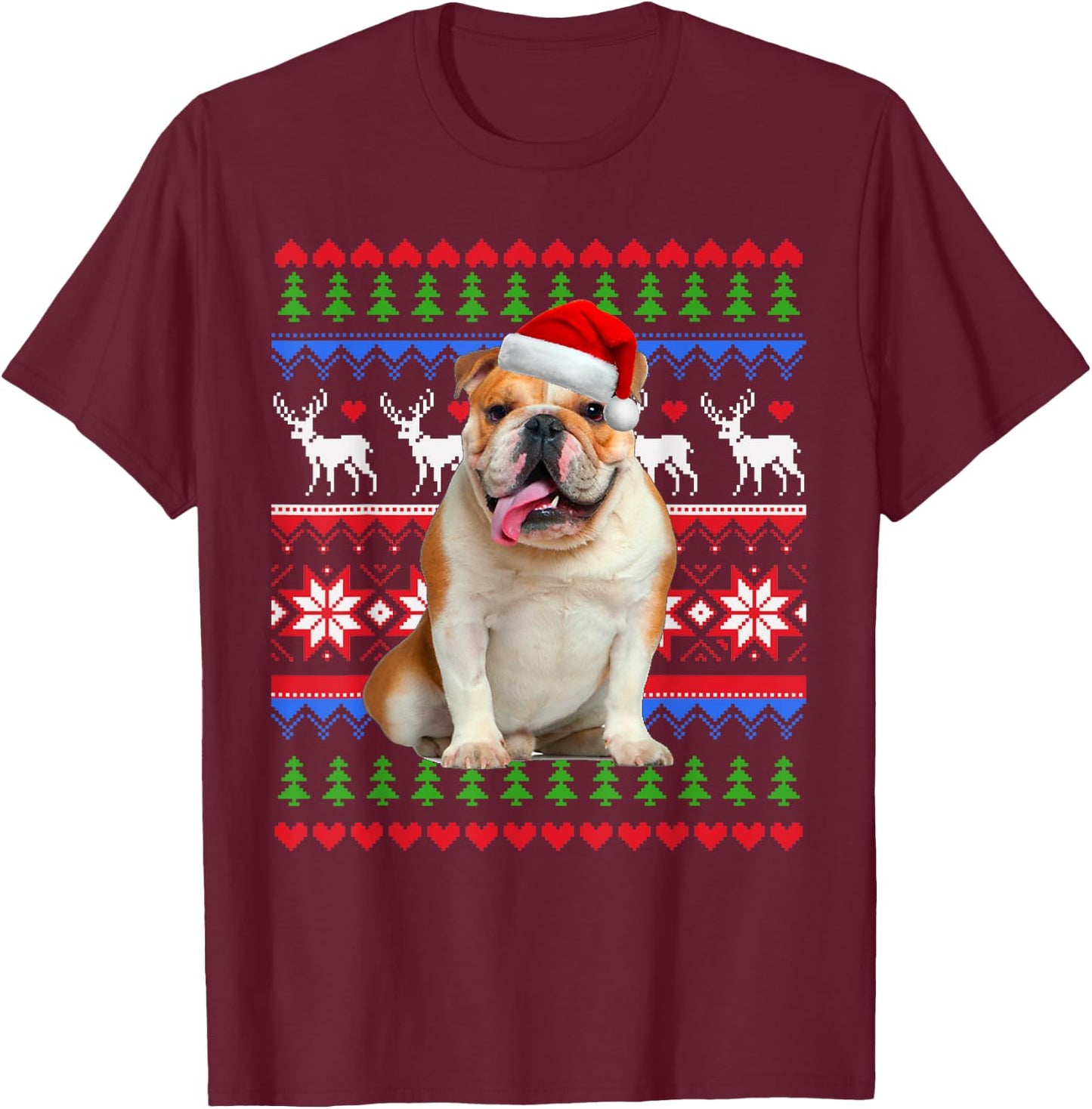 Santa English Bulldog Christmas Light Ugly Christmas Sweater Women Kids T-Shirt - T-Shirt | Maroon