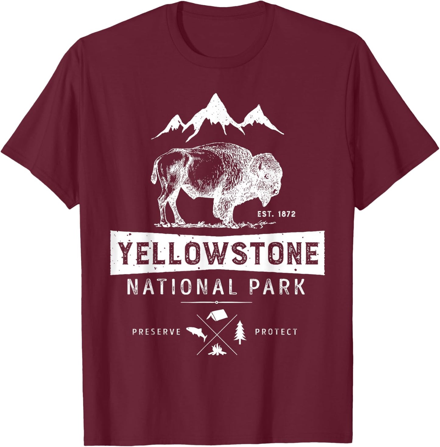 Yellowstone National Park T Shirt US Bison Buffalo Vintage T-Shirt - T-Shirt | Maroon