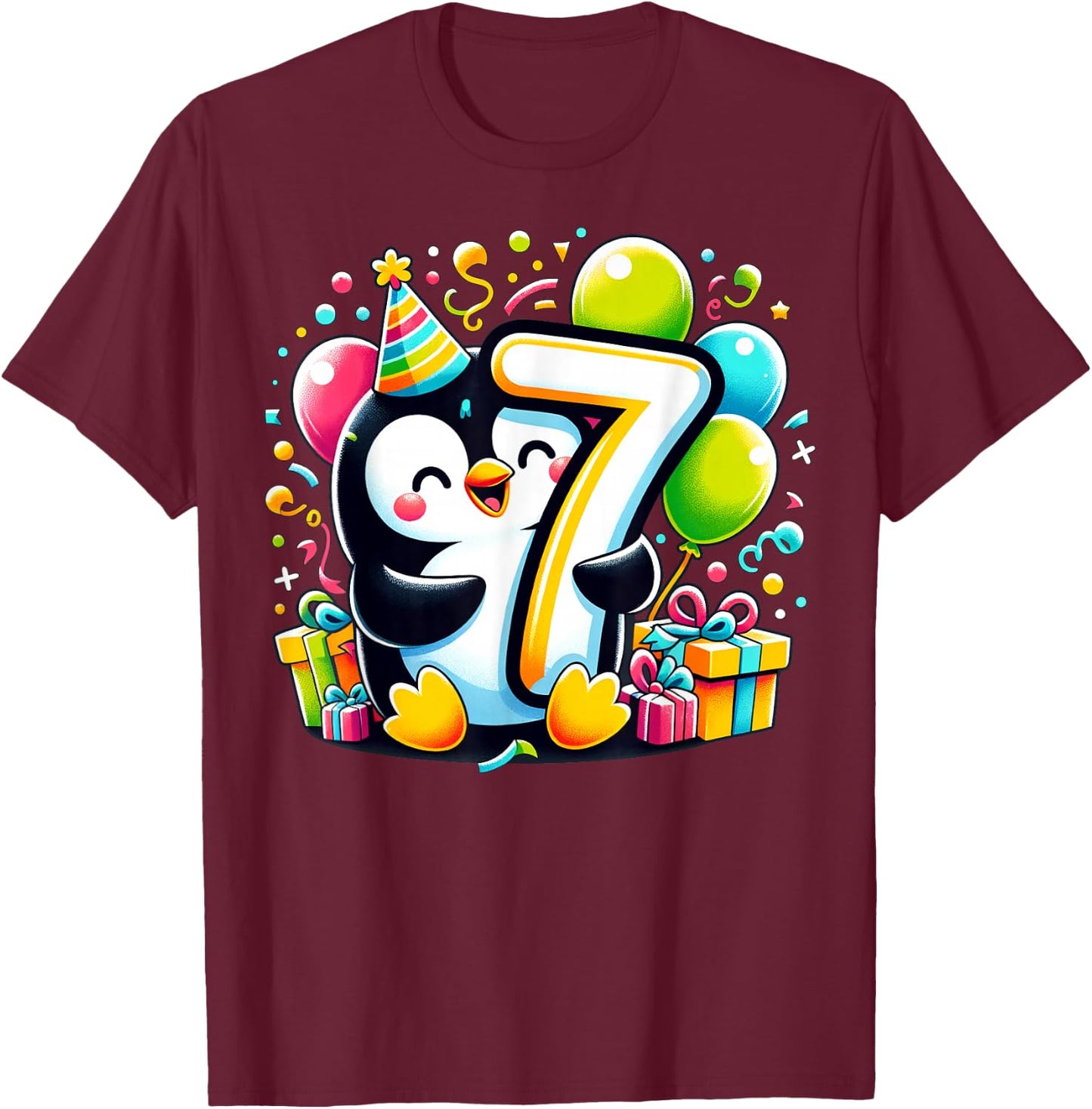 Penguin 7th birthday for boy girl 7 years old seven Penguin T-Shirt - T-Shirt | Maroon