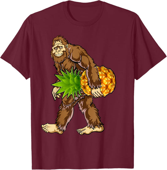Bigfoot Carrying Pineapple T Shirt Cute Funny Sasquatch Gift T-Shirt - T-Shirt | Maroon