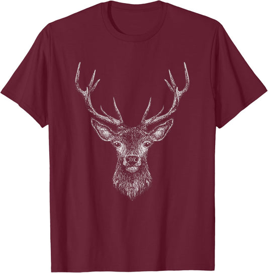 Hand Drawn Buck Deer Style Antlers T-Shirt - T-Shirt | Maroon