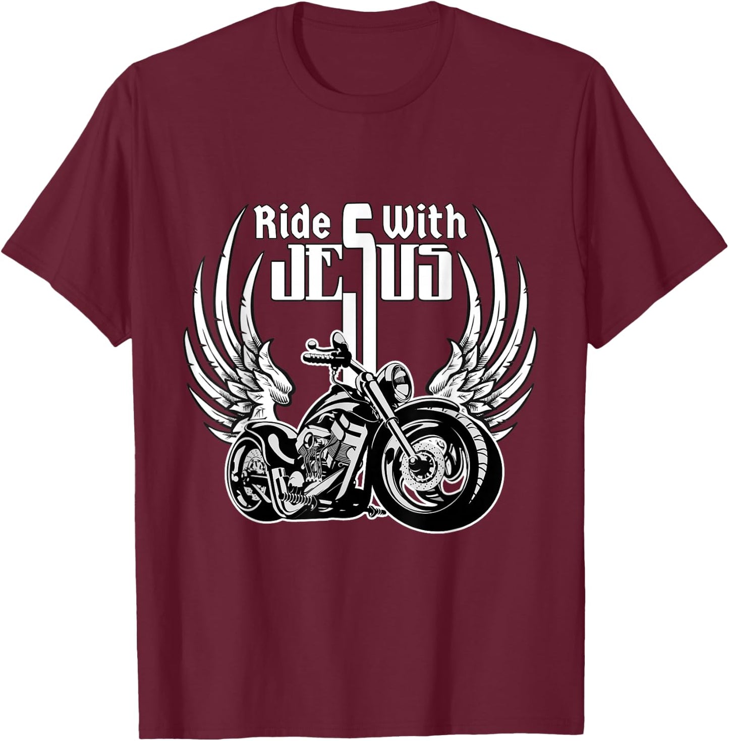 Ride With Jesus Christian Biker Men Women Kids Motorcycle T-Shirt - T-Shirt | Maroon